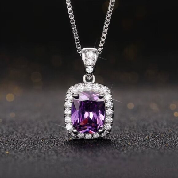 NEW 925 Sterling Silver Amethyst Diamond Necklace - Picture 3 of 5